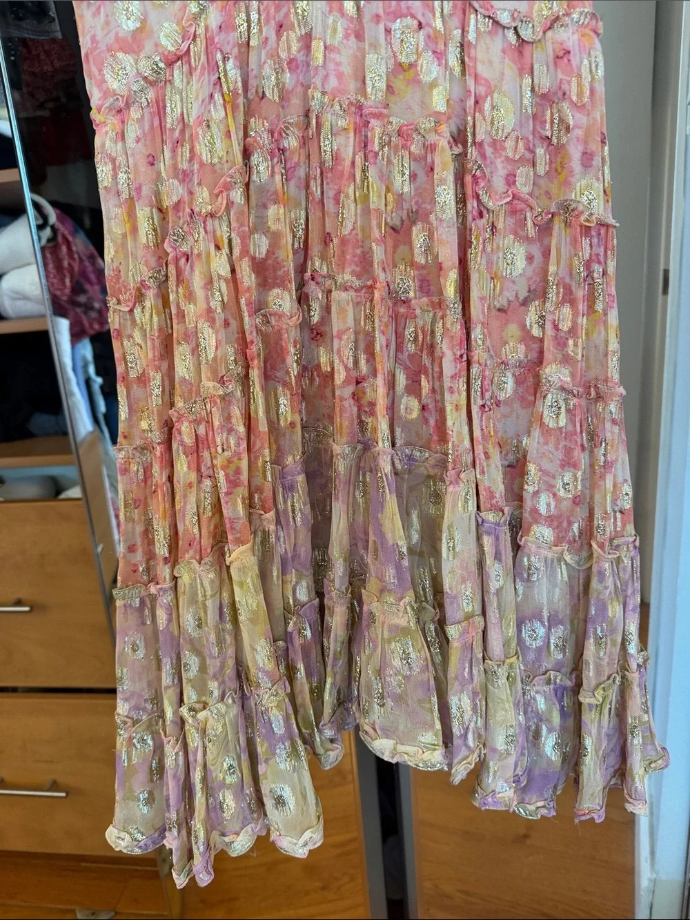 Pink Shimmer Floral Tie-Shoulder Sundress with Yellow Tassels